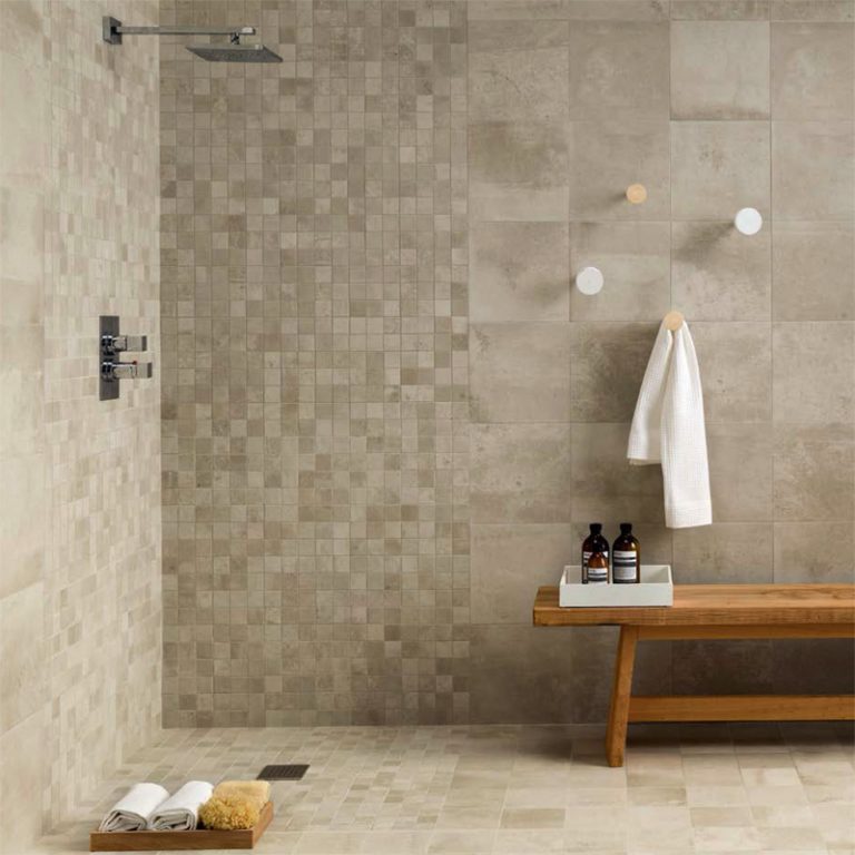 Shower with an Urbana Beige 2x2 square mosaic wall