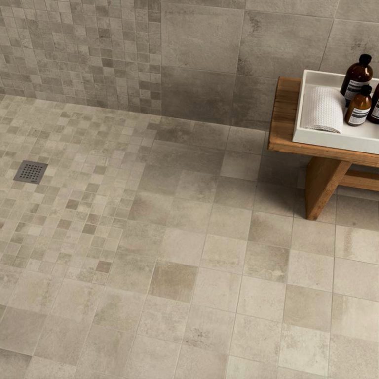 Bathroom with Urbana Beige 2x2 square mosaic tile