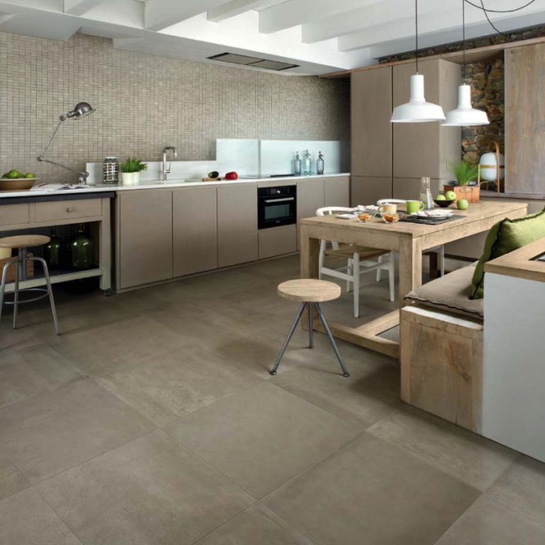 Kitchen with an Urbana 24x24 Greige concrete-look porcelain tile floor