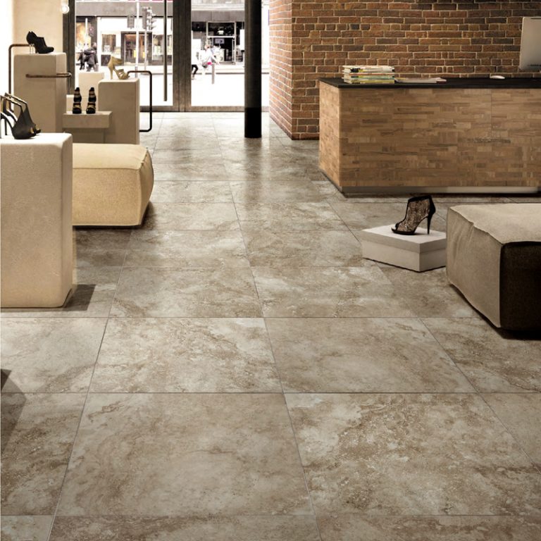 Living area with a Navona Travertine 24x24 porcelain floor
