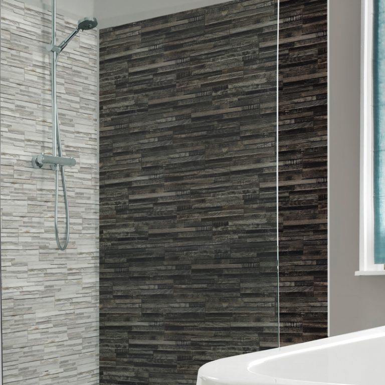 Shower with a Samurai 3x15 Dark stacked wood-look wall panel feature wall