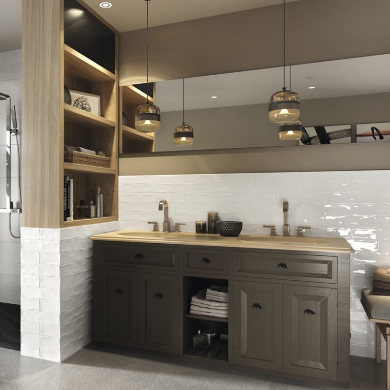 Kitchen with a Ravello 3x12 White glossy wall tile backsplash and dark cabinets