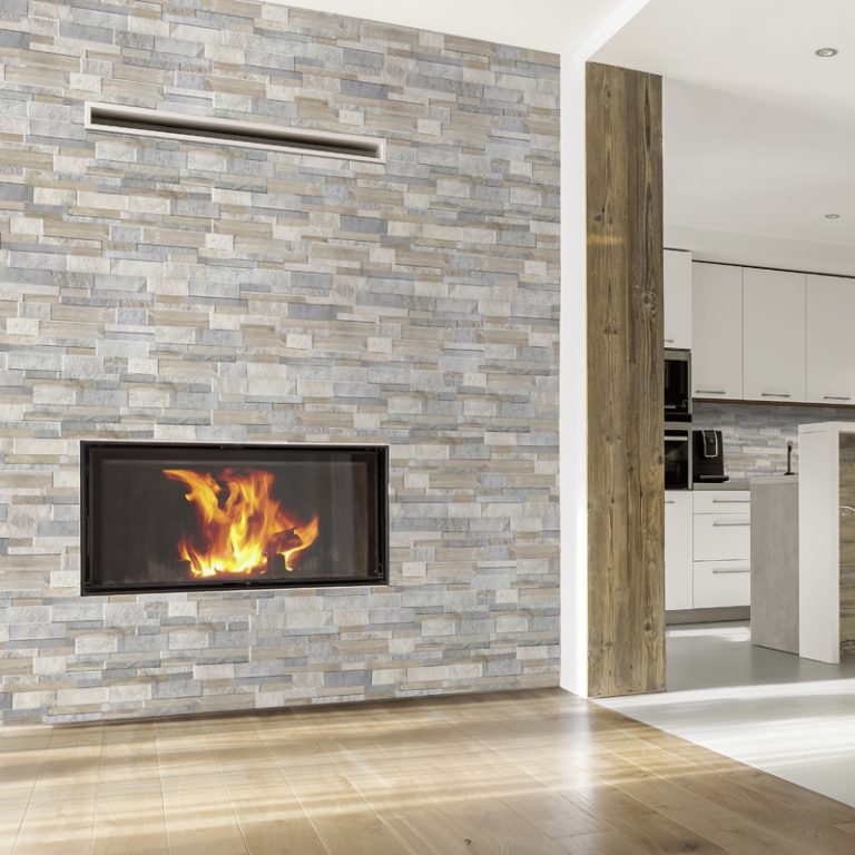Fireplace wall in Fusion Mild interlocking porcelain wall panels with mitered corners