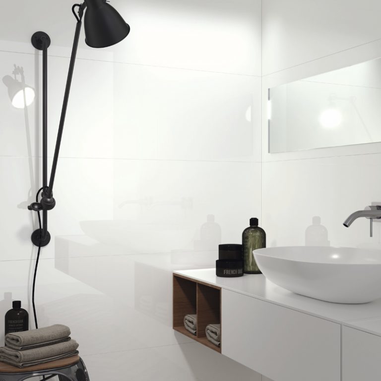 Bathroom with Silk Oh La La White 16x48 flat wall tile and a wall-mounted shower