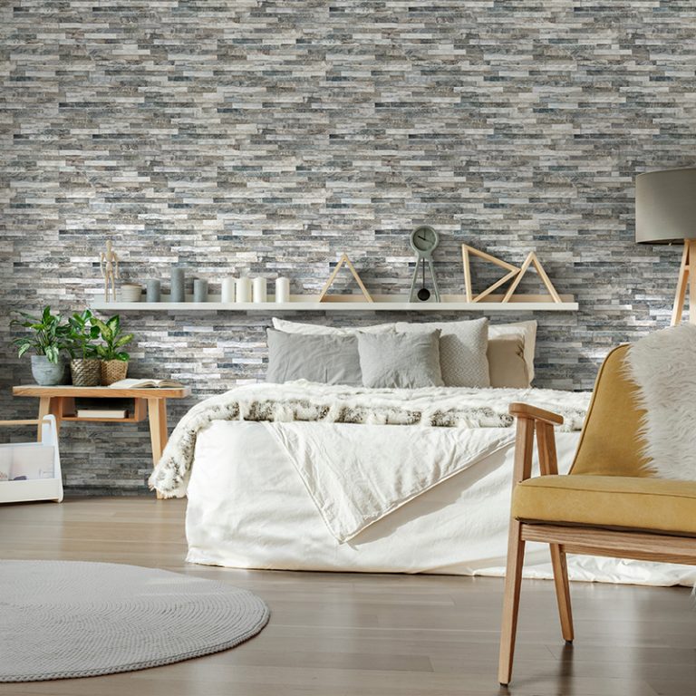 Bedroom accent wall in Natura Giungla stone-look interlocking porcelain wall panels