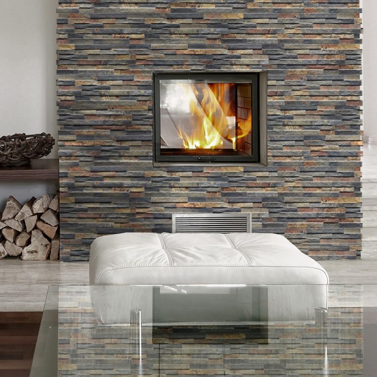 Living room fireplace wall in Natura Terra stone-look interlocking porcelain wall panels
