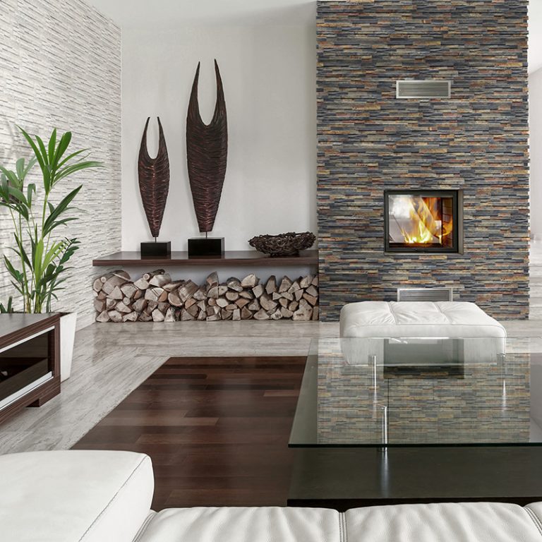 Fireplace column in Natura Terra interlocking porcelain wall panels with outside mitered corners
