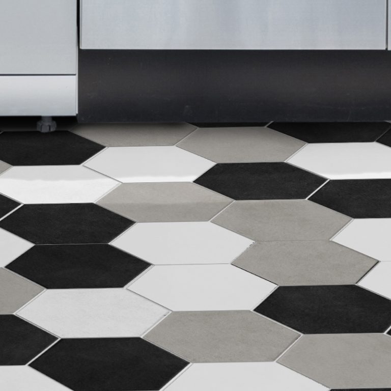 Close-up of a Colors black, white and greige hexagon tile floor