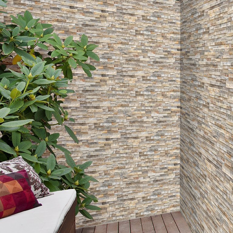 Garden corner in Natura Deserto stone-look interlocking porcelain wall panels with an inside mitered corner