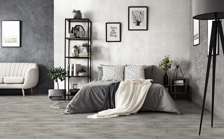 Bedroom with a Colors 2-3/8x9-7/8 White brick tile accent wall
