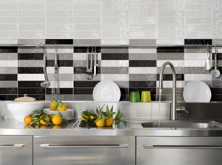 Kitchen backsplash in Colors 2-3/8x9-7/8 white, greige and black brick tile in horizontal bands
