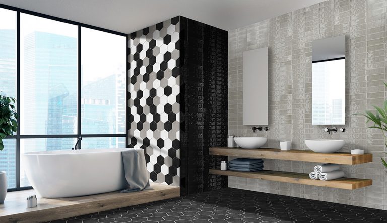 Bathroom with Colors black, white and greige hexagon tile and Colors brick tile walls