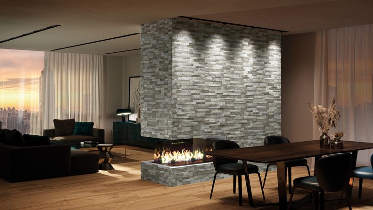 Double-sided fireplace clad in Volcano 6x24 Gray cement-look wall panels with outside mitered corners