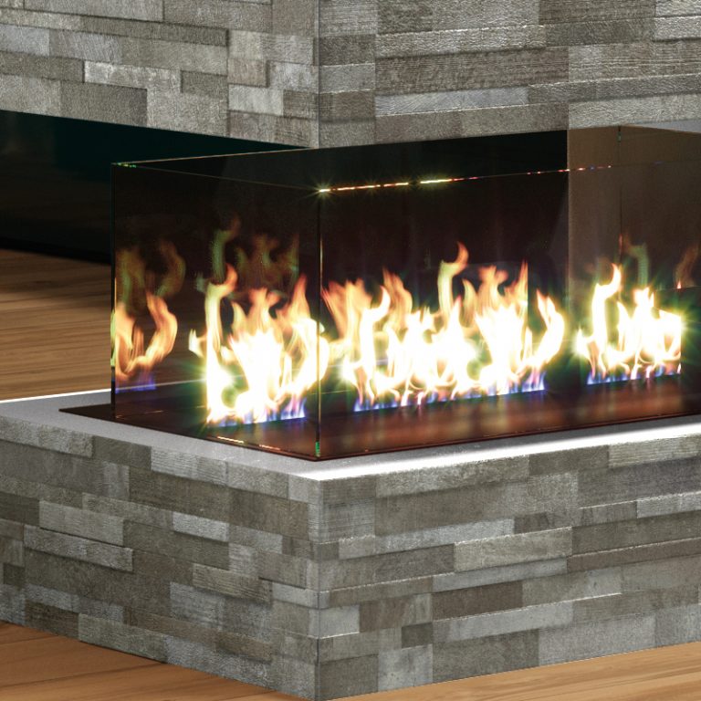 Fireplace surround in Volcano Gray cement-look wall panels with outside mitered corners