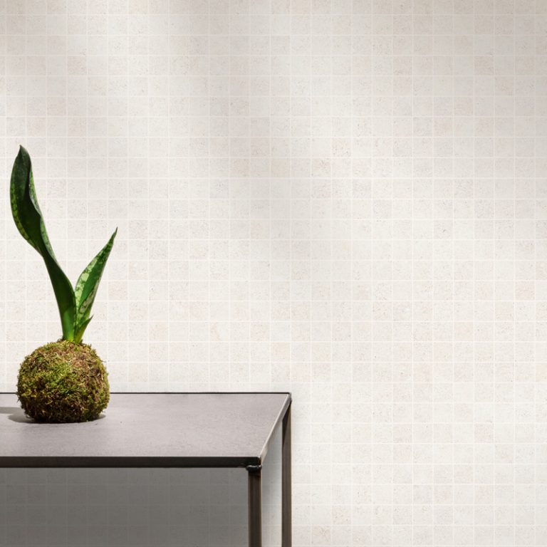 Silky Stone Light 2x2 square mosaic wall above a console with a potted plant