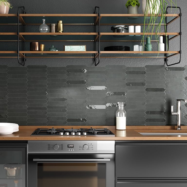 Kitchen backsplash in Switch 2x10 Graphite glossy picket tile with open shelving