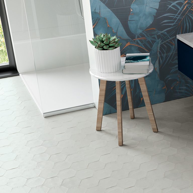 Bathroom with a Switch 4x4-1/2 Gray hexagon tile floor and a walk-in shower
