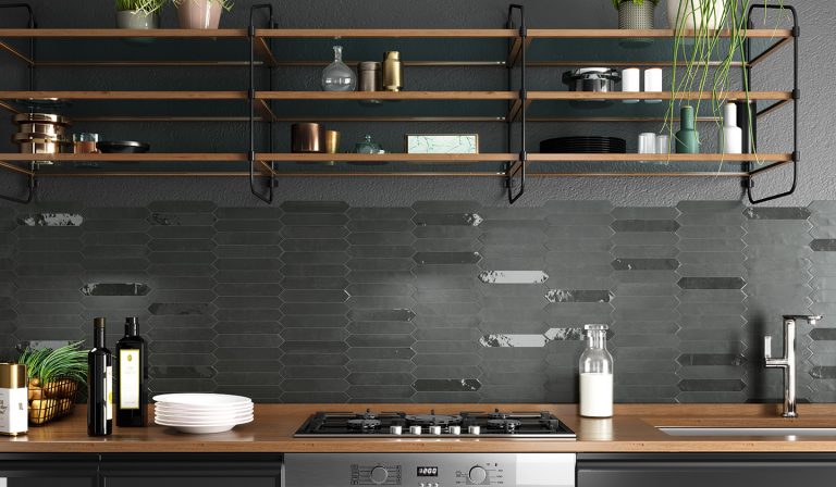 Kitchen backsplash in Switch 2x10 Graphite picket tile with open wood shelves