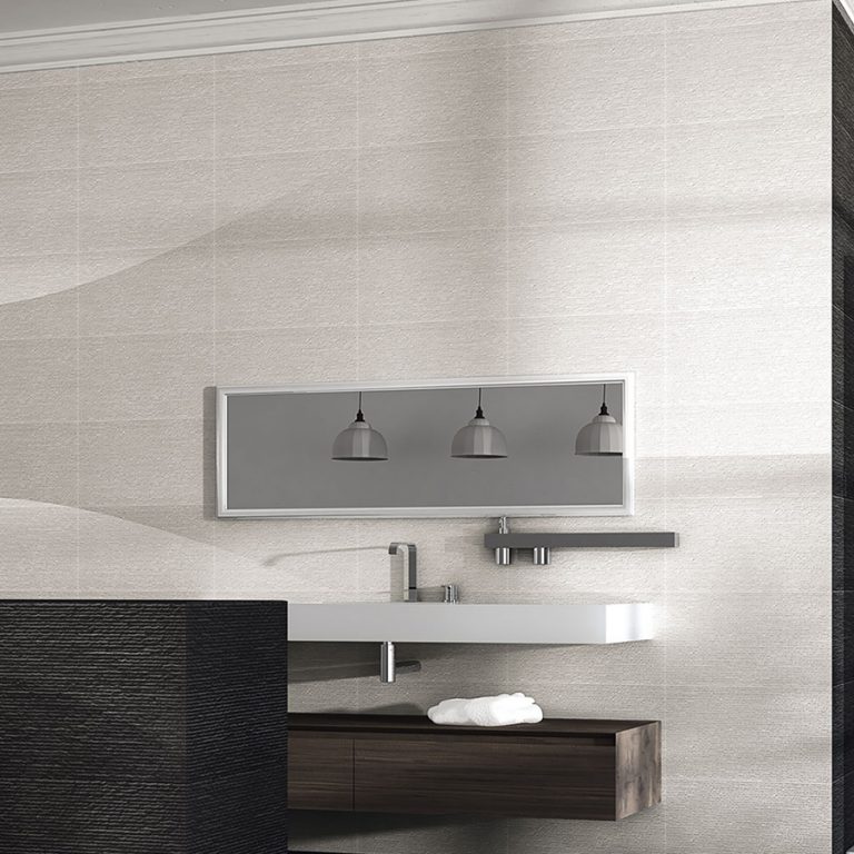 Bathroom with Ontario 12x22 Blanco raked stone-look wall panels behind a floating vanity