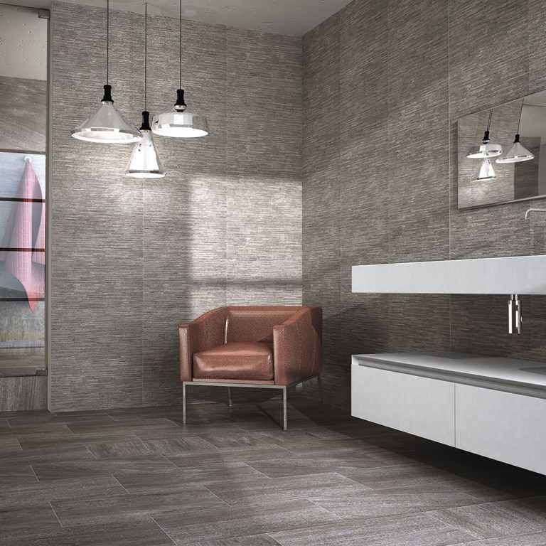 Bathroom with Ontario 12x22 Antracita raked stone-look wall panels, pendant lights and a floating vanity