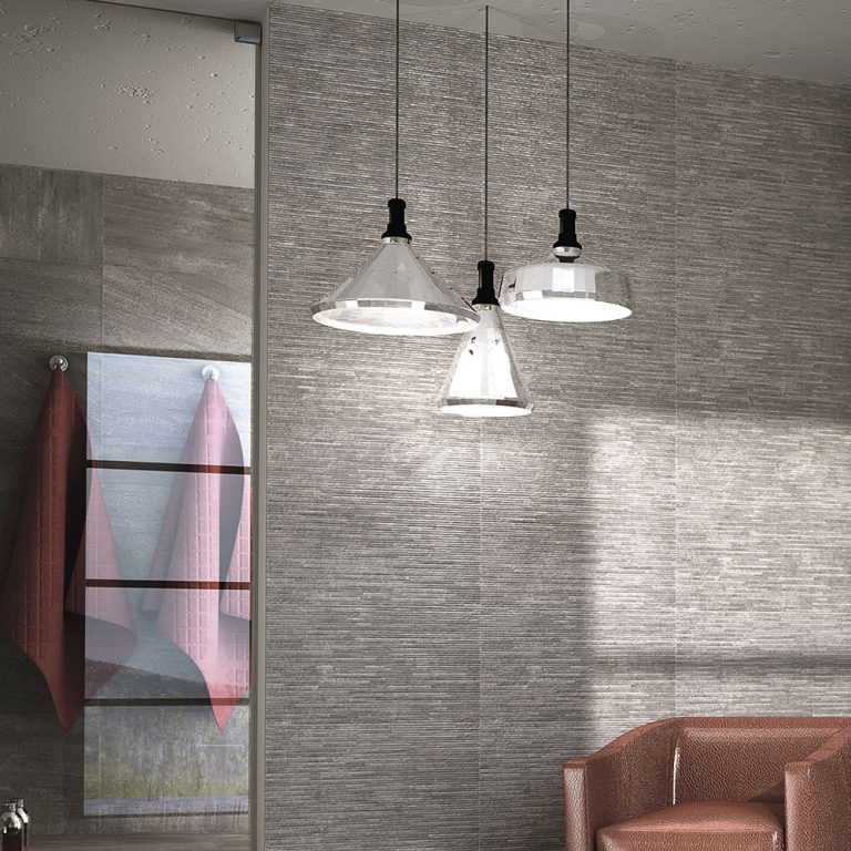 Bathroom wall in Ontario 12x22 Antracita raked stone-look wall panels with pendant lights