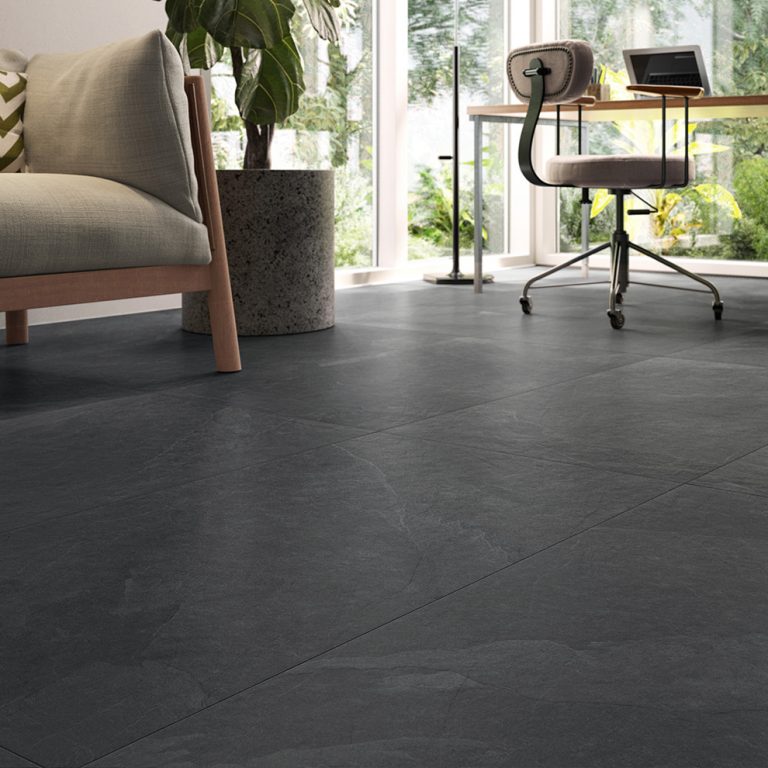 Home office with an Upstone 24x48 Mustang Nero black stone-look porcelain tile floor