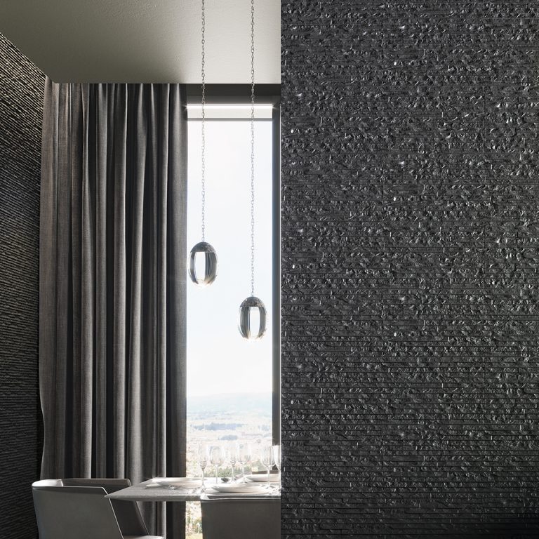 Iguazu 8x25 Black raked stone-look wall panel column with a mitered inside corner