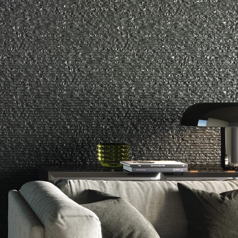 Iguazu 8x25 Black raked stone-look wall panels behind a sofa