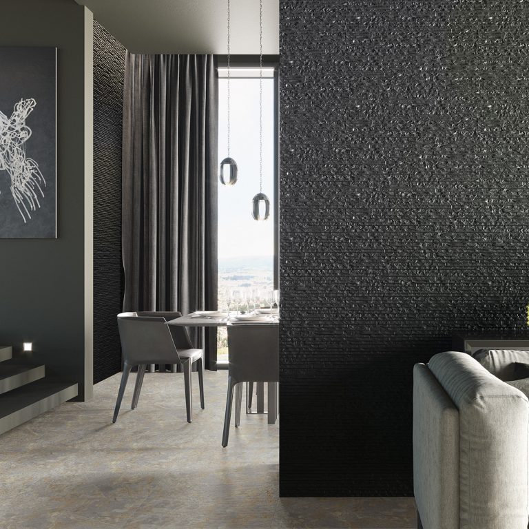 Living room with an Iguazu 8x25 Black raked stone-look wall panel feature wall and mitered corner