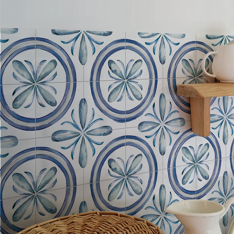 Close-up of Saint Germain 6x6 Rivette blue and white patterned porcelain tile