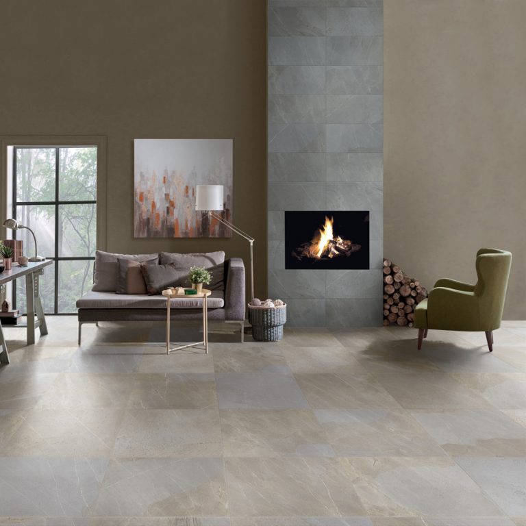 Living room with an Allure 12x24 Mist porcelain tile floor and a corner fireplace