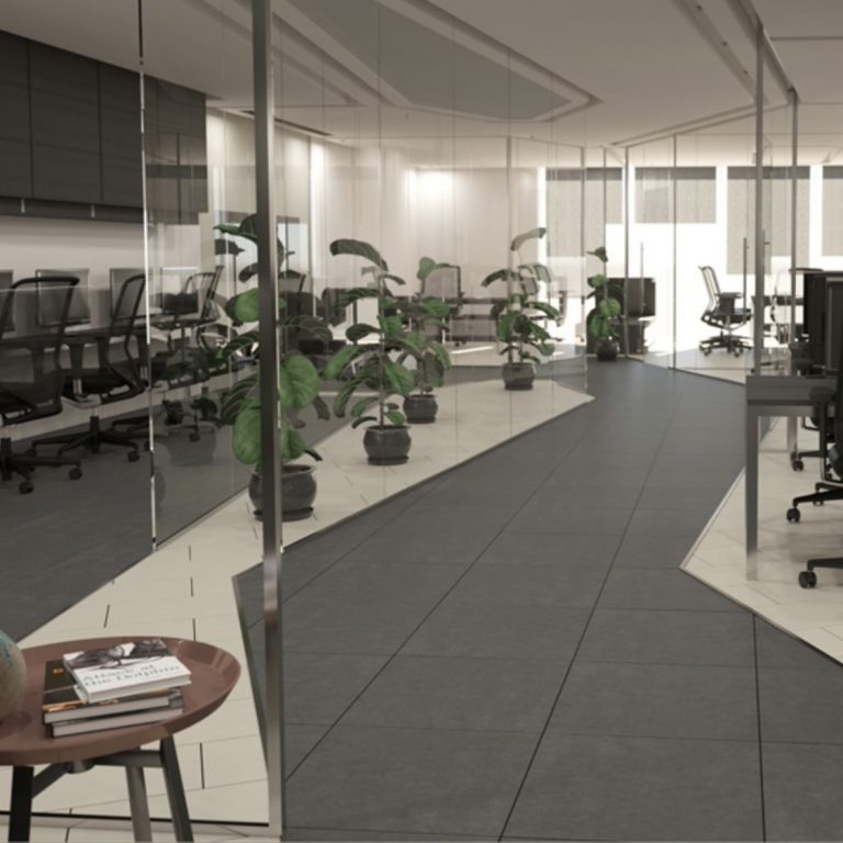 Open office with a Eureka 12x24 black porcelain tile floor and glass partitions