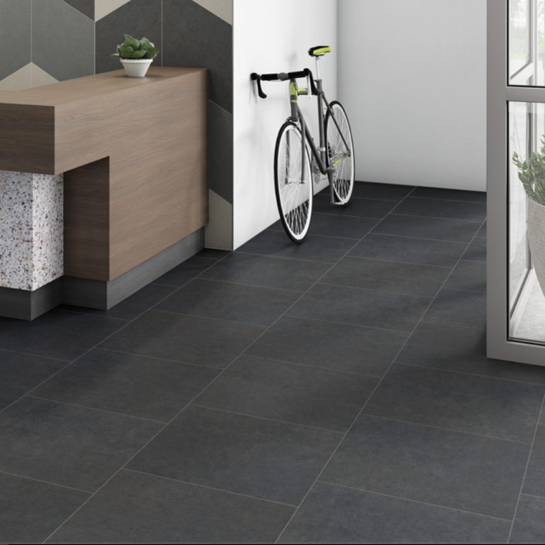 Entry with a Eureka 12x24 Dark Gray porcelain tile floor and a wall-mounted bicycle