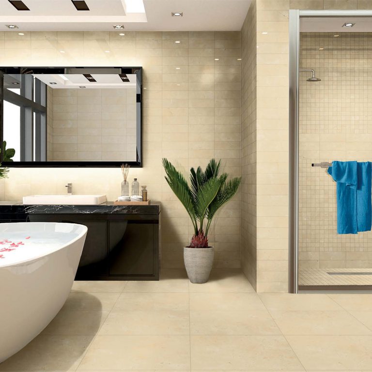 Bathroom with Noble Grace 12x24 beige porcelain tile, a 2x2 mosaic shower wall and a freestanding tub