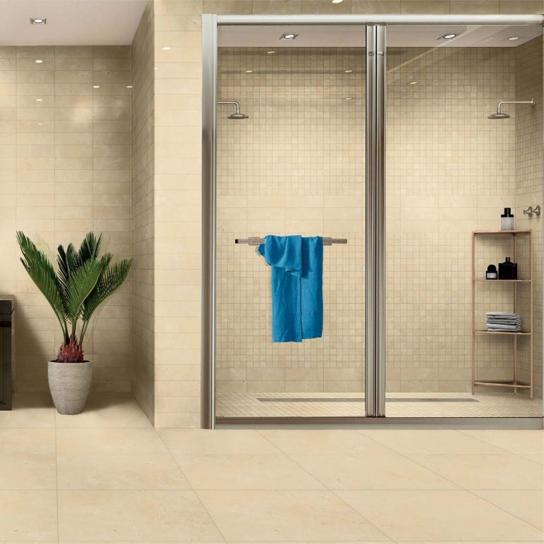 Glass shower with Noble Grace 12x24 beige porcelain tile and Noble Grace 2x2 square mosaic