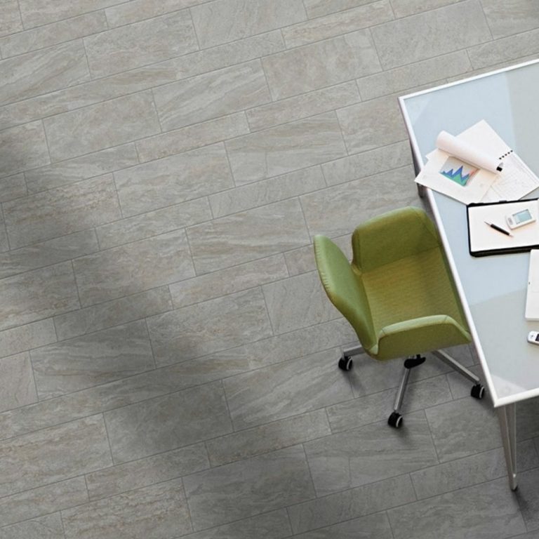 Sonata 12x24 and 4x24 Cool Summer Mix porcelain tile floor with a green desk chair