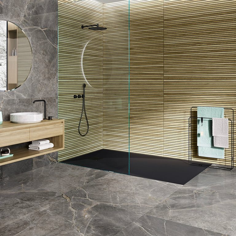 Walk-in shower with Baywood Hermosa Natural wood-look porcelain wall tile and a glass panel