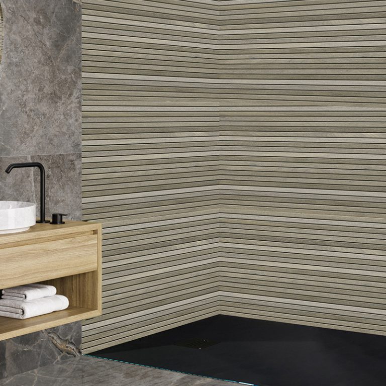 Bathroom with Baywood Hermosa 24x48 Silver wood-look porcelain wall tile and a floating vanity