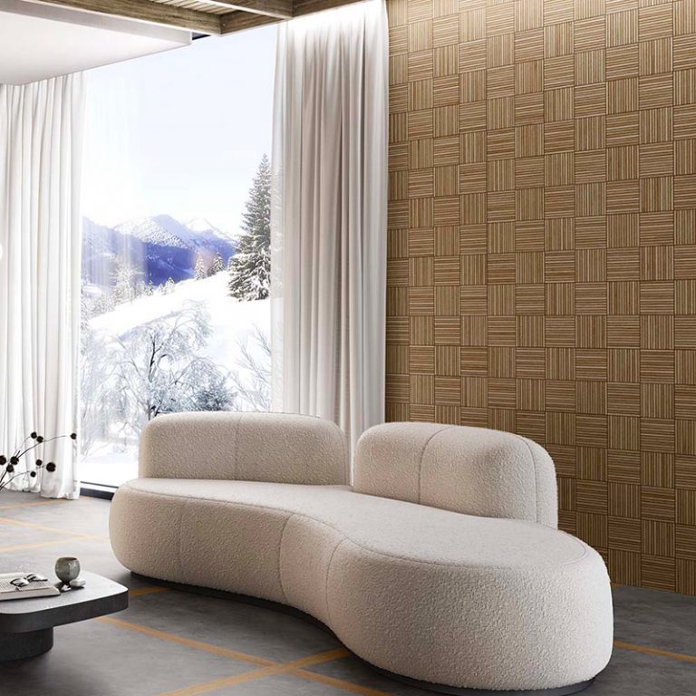 Living room with a Baywood Redondo Natural parquet-pattern porcelain wall and a curved sofa