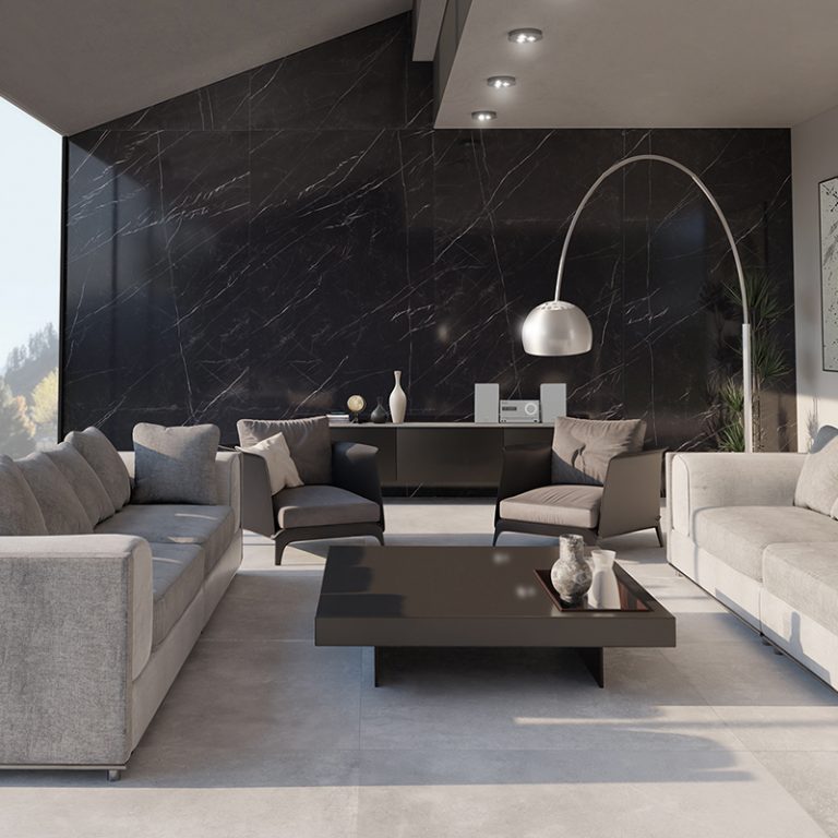 Living room with a Nero Marquina 24x48 black marble-look porcelain tile feature wall