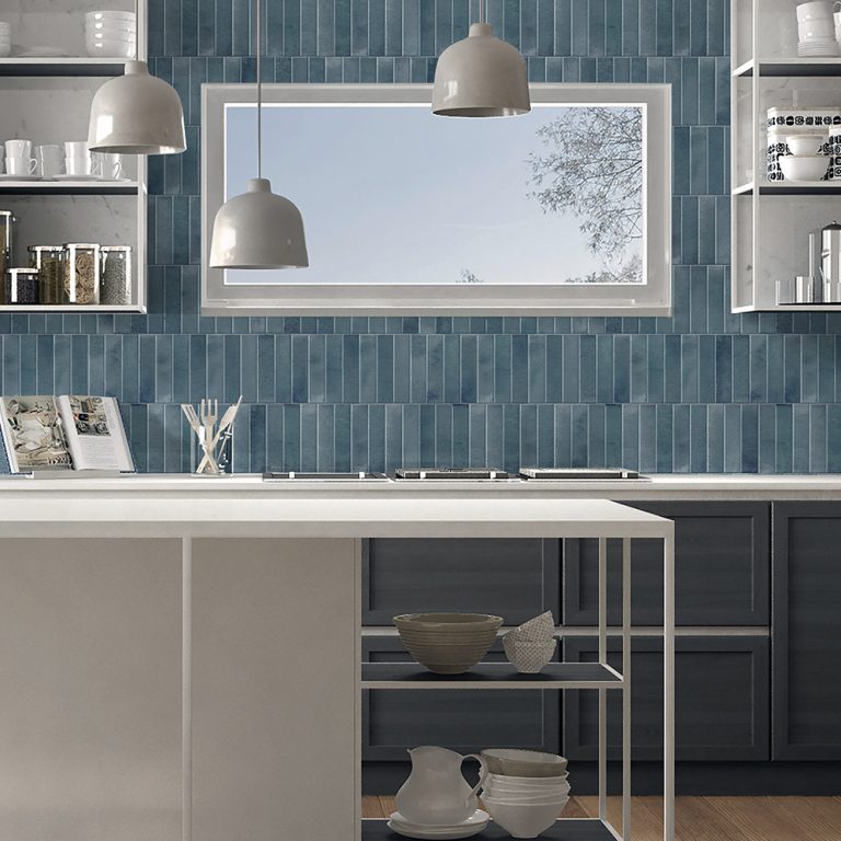 Kitchen backsplash in Posh 2-3/8x9-7/8 blue glossy brick tile with open shelves and a pendant light