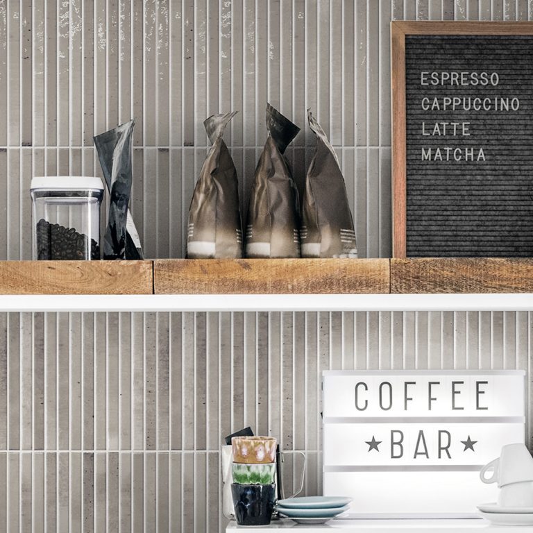 Coffee bar wall in Posh Pitch 3D gray porcelain tile with wood shelves