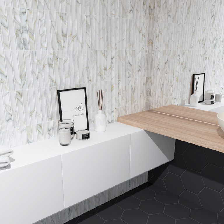 Bathroom with Arc 4-1/2x9 3D tile in Calacatta on the walls above a white floating vanity