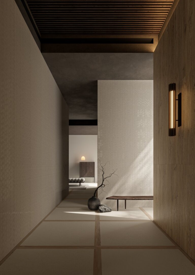 Long hallway with Impression Bone 24x48 porcelain tile on the walls and floor