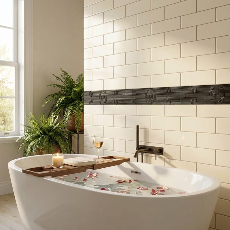 Freestanding tub beside a cream subway tile wall with a Sofist Border 2-1/4x12 in wrought iron accent strip