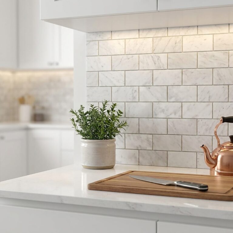 Kitchen backsplash in Bianco Carrara 2x4 honed brick mosaic with a copper kettle and wood cutting board on a white counter