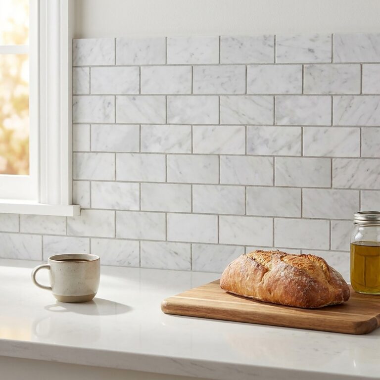 Kitchen backsplash in Bianco Carrara 2x4 honed brick mosaic with a bread loaf on a wood cutting board