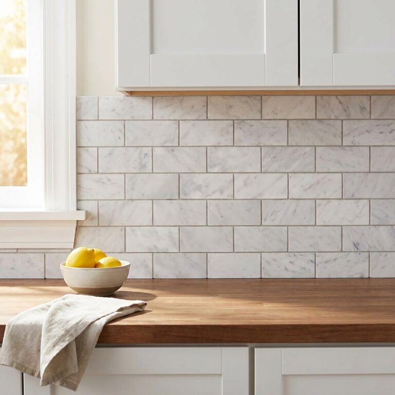 Kitchen backsplash in Bianco Carrara 2x4 honed brick mosaic with a wood butcher-block counter and white shaker cabinets