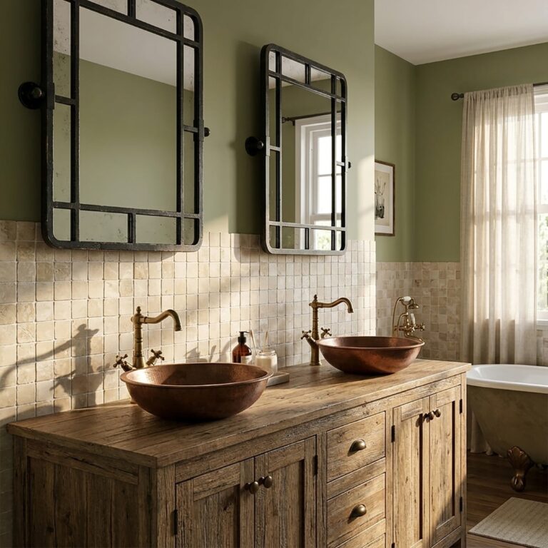 Bathroom with a double vanity and a freestanding tub beside tumbled Sparta 2x2 mosaic tile on the wall