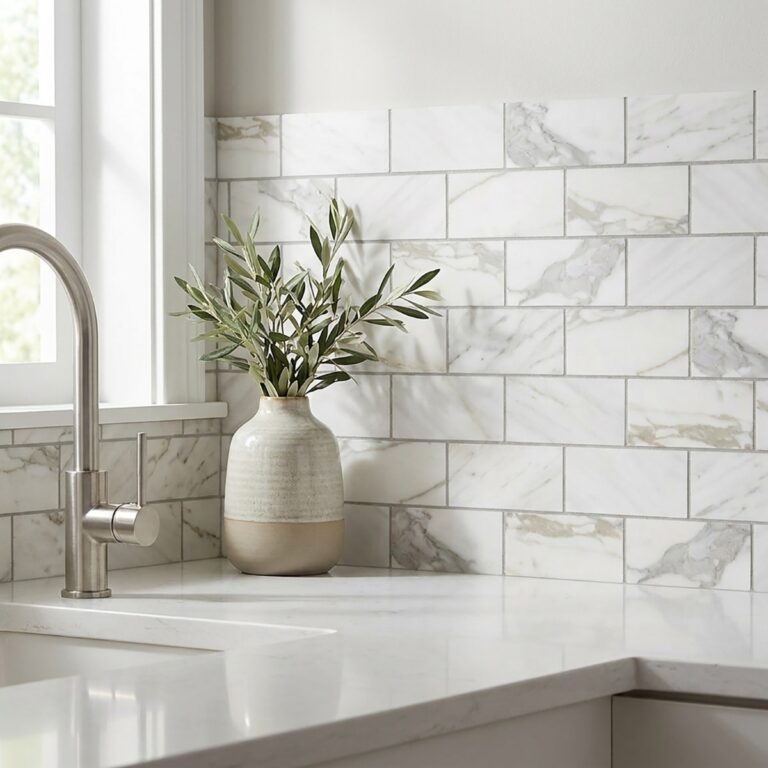 Kitchen backsplash in Calacatta Gold 3x6 polished brick mosaic with a brushed steel faucet and a vase on the counter